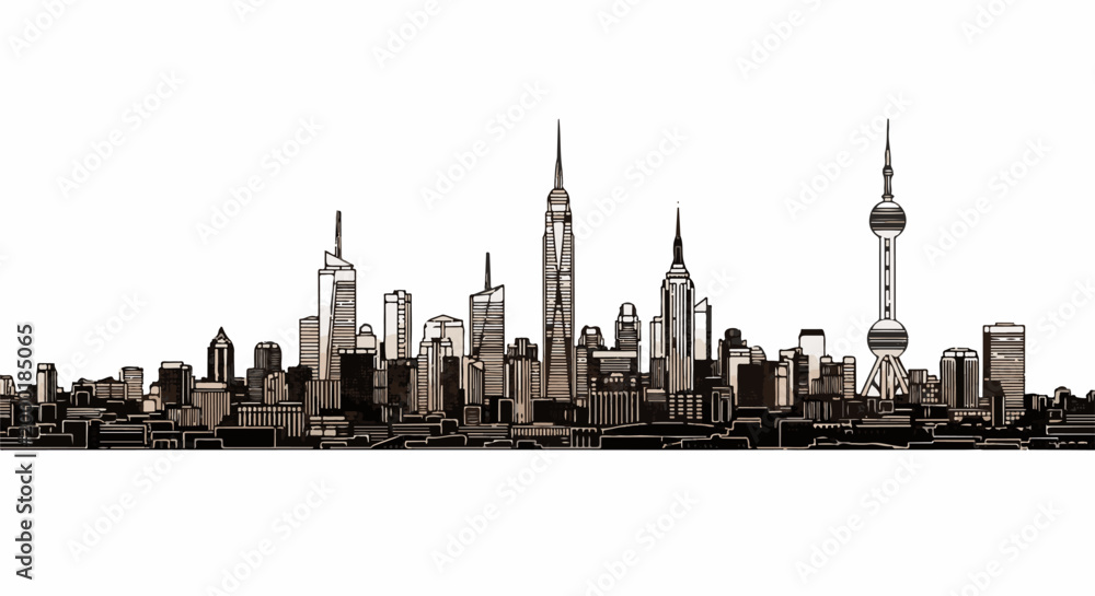 Obraz premium Stylized monochrome city skyline with diverse architectural styles and a prominent tower