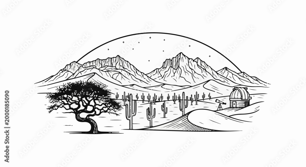 Naklejka premium Desert landscape with mountains, cacti, a lone tree, and an observatory under stars