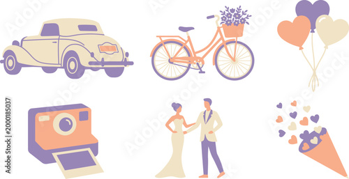 Wedding Celebration and Getaway Flat Vector Set Getaway Car Bicycle Heart Balloons Camera and Confetti Icons
