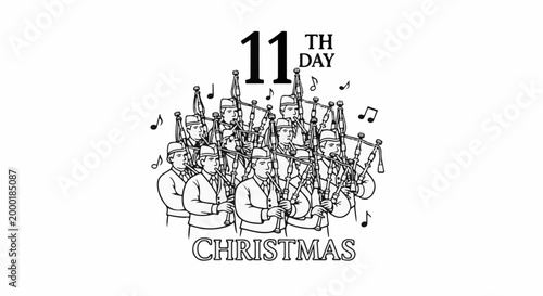 Ensemble of bagpipers playing festive music for the eleventh day of Christmas