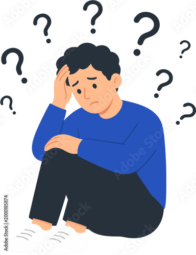 Confused Person with Question Marks Decision Making Anxiety Concept Illustration