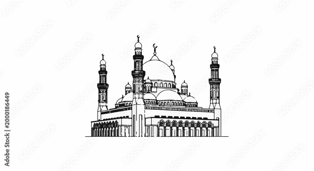 Naklejka premium Monochromatic architectural sketch of a grand mosque with domes and minarets