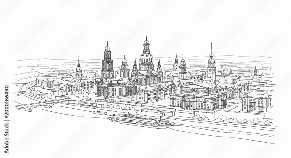 Fototapeta premium Sketch of a historic riverside city skyline with ornate domed architecture