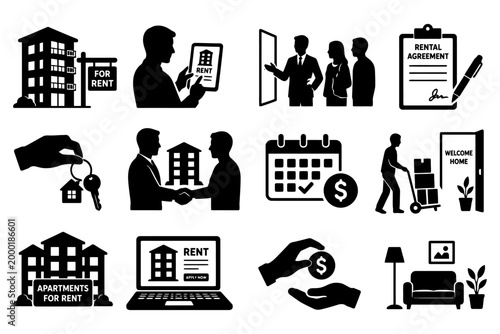 Real estate icons: renting, agreements, moving, apartments, payments.