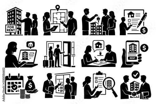 Real estate rent process: agents, contracts, and technology illustrations.