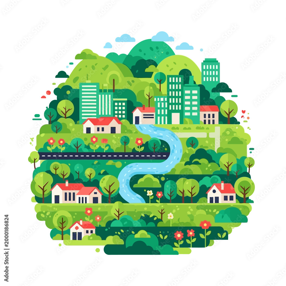 Naklejka premium Green Eco Cityscape with River and Hills - Sustainable Urban Living