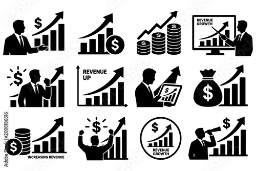 Business icon set with graphs and revenue symbols featuring male figures.