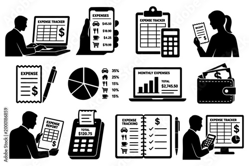 Silhouette icons of expense tracking and financial management concepts.