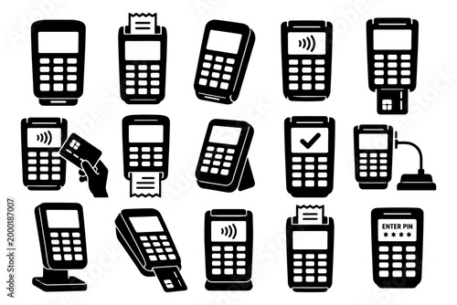 Collection of black pos terminal icons with payment methods.