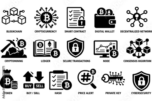 Blockchain cryptocurrency security icons - digital wallets and decentralized network elements.