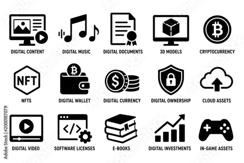 Icons representing digital content and cryptocurrency concepts.