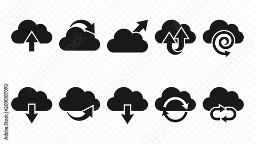 Solid black icon set of cloud upload download and data sync network for internet technology connection