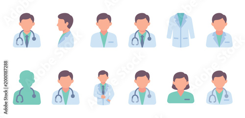 This vector illustration showcases a diverse collection of flat design medical professional avatars, including doctors and nurses, wearing lab coats and stethoscopes, ideal for healthcare applications
