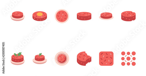 A collection of isometric flat design icons featuring various salami slices and related elements on a white background, perfect for food apps and websites.