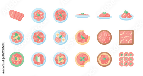 A collection of colorful flat design icons representing various food items including meat, sliced tomatoes, salads, and a bitten pizza against a white background.
