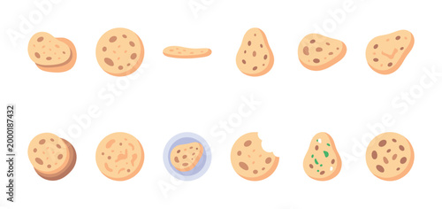 A collection of stylized flatbread slices in various shapes and sizes, with some featuring holes and one with a bite mark.