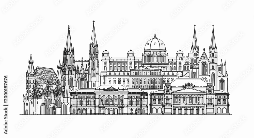 Fototapeta premium Ornate architectural panorama of historical European city buildings in black and white