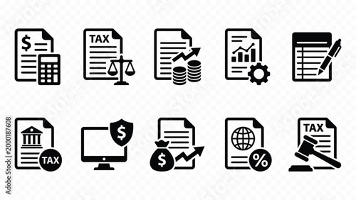 Solid black icon set of financial invoice tax forms and accounting documents for business reports