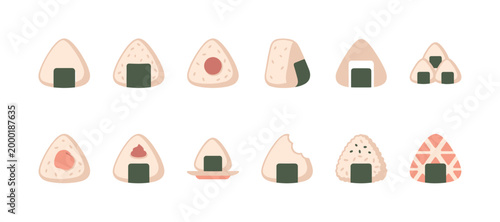 A collection of various illustrated Japanese onigiri rice balls with seaweed and different fillings, presented on a white background.