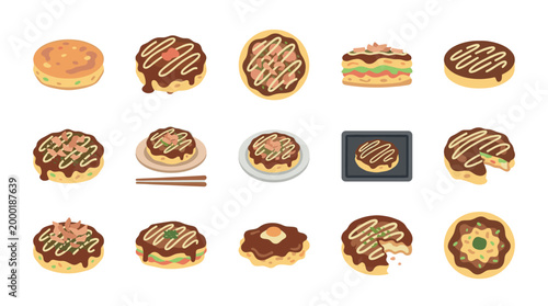A charming collection of flat-design illustrations featuring various Okonomiyaki dishes, presented in a vibrant, cartoonish style with a white background.