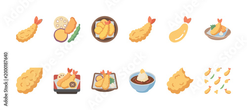 A collection of colorful, flat design icons representing various tempura dishes, including shrimp, vegetables, and dipping sauce, ideal for food blogs and menus.