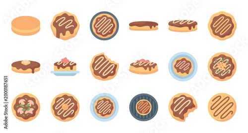 A flat illustration collection of various sweet pastry desserts including donuts and pancakes with chocolate frosting and toppings, presented on white background.