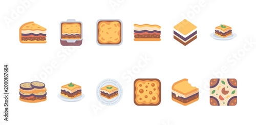 A collection of flat illustration icons featuring various delicious layered food dishes like lasagna and moussaka, perfect for culinary websites and menus.