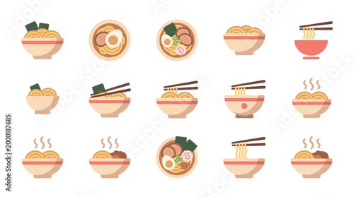 A collection of flat design icons featuring various bowls of ramen noodles with different toppings and chopsticks, perfect for food blogs and restaurant menus.