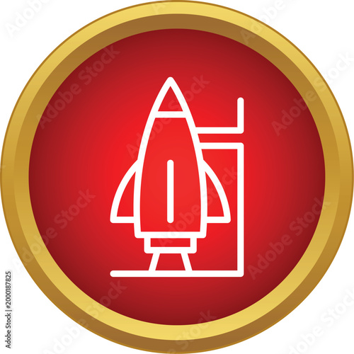 Rocket preparing for launch in a red and gold round icon