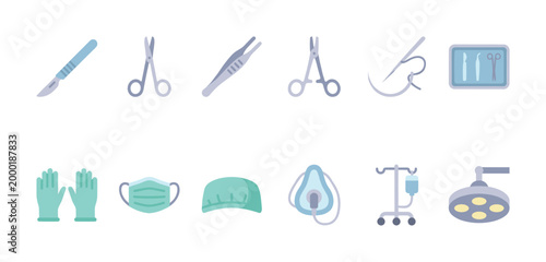 A collection of flat design icons representing medical surgical tools and equipment, including surgical instruments, gloves, mask, and a surgical lamp.