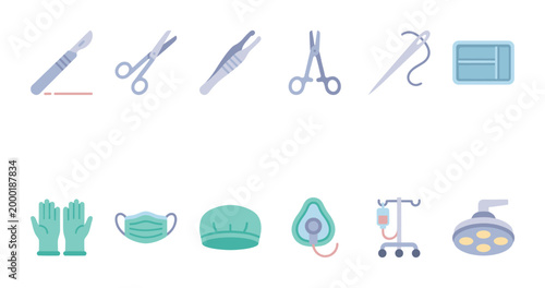 A collection of flat design icons representing surgical tools and medical supplies, including scalpels, scissors, forceps, gloves, masks, and a surgical lamp.