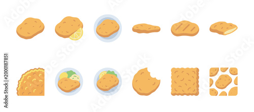 Collection of simple, flat-design illustrations of fried food items like chicken nuggets, potatoes, and biscuits on a clean white background.