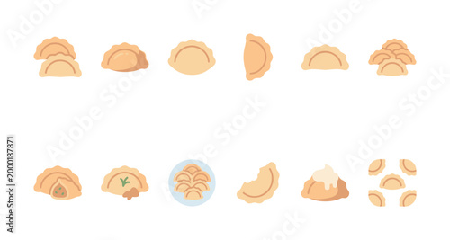 Collection of stylized flat illustrations showcasing various dumplings in different arrangements and styles against a clean white background, perfect for food concepts.
