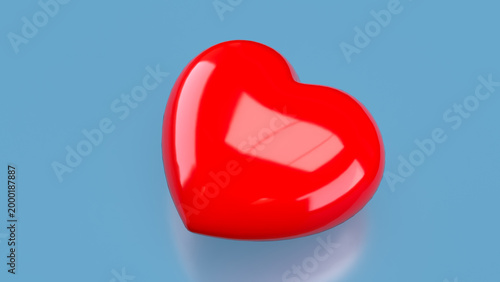 Glossy Red Heart Symbol on Soft Blue Background Minimal Concept 3d render.