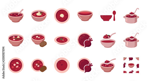 A collection of flat design icons and elements featuring beet soup, borsch, and related ingredients like beets and bread.