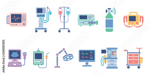 A collection of flat design vector icons representing various medical devices and equipment, including monitors, IV drips, oxygen tanks, and surgical lights.