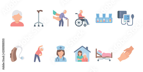 A collection of flat design icons illustrating senior care, including a person in a wheelchair, a nurse, medical equipment, and assistance for elderly individuals.