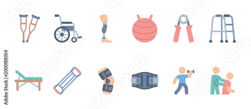 Collection of flat vector icons representing various medical rehabilitation and physical therapy equipment and activities on a white background.