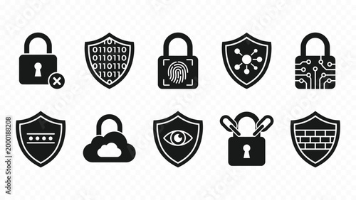 Solid black icon set of protection badges security shields and guarantee safety marks for quality control