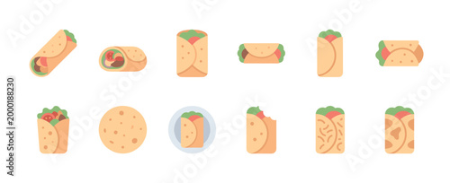 A collection of flat design icons featuring various wraps, burritos, and tacos with fresh ingredients like lettuce and tomatoes on a white background.