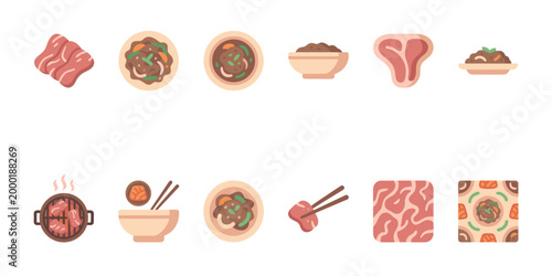 A collection of flat design icons representing various meat dishes, raw cuts, and cooking elements in a clean, modern style, perfect for culinary websites and menus.