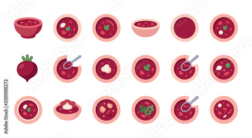 A collection of flat design icons featuring borsch soup in various bowls, with a single beet and spoon elements, perfect for food and recipe related content.