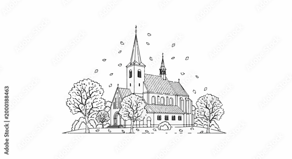 Fototapeta premium Black and white sketch of a church with autumn leaves falling