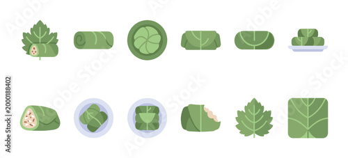 Collection of flat design icons showcasing various views and preparations of stuffed grape leaves, or dolmades, on a white background.