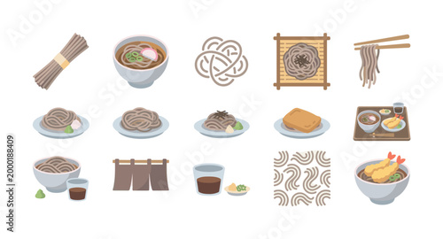 A delightful flat illustration collection showcasing various Japanese soba noodle dishes, ingredients, and dining elements, perfect for food-related designs.