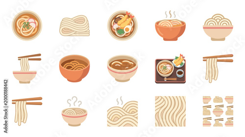 A vibrant collection of flat design icons showcasing various styles of udon noodles, bowls, and preparation methods with a clean, modern aesthetic for food and culinary themes.