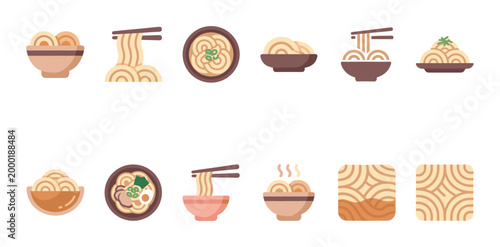 A collection of flat design icons showcasing various noodle dishes and patterns, including ramen, udon, and bowls with chopsticks, perfect for food blogs or menus.