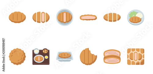 Collection of stylized food icons featuring breaded cutlets, chicken nuggets, and pork. These simple flat illustrations are perfect for menus, apps, and web design.