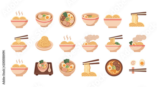 A flat design illustration of various ramen bowls and ingredients with chopsticks on a white background, perfect for culinary websites and menus.