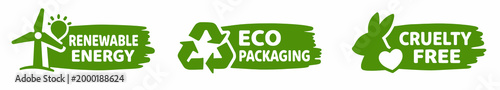 A set of three green grunge-style eco labels: Renewable Energy with wind turbine, Eco Packaging with recycle arrows, and Cruelty Free with a rabbit and heart icons.